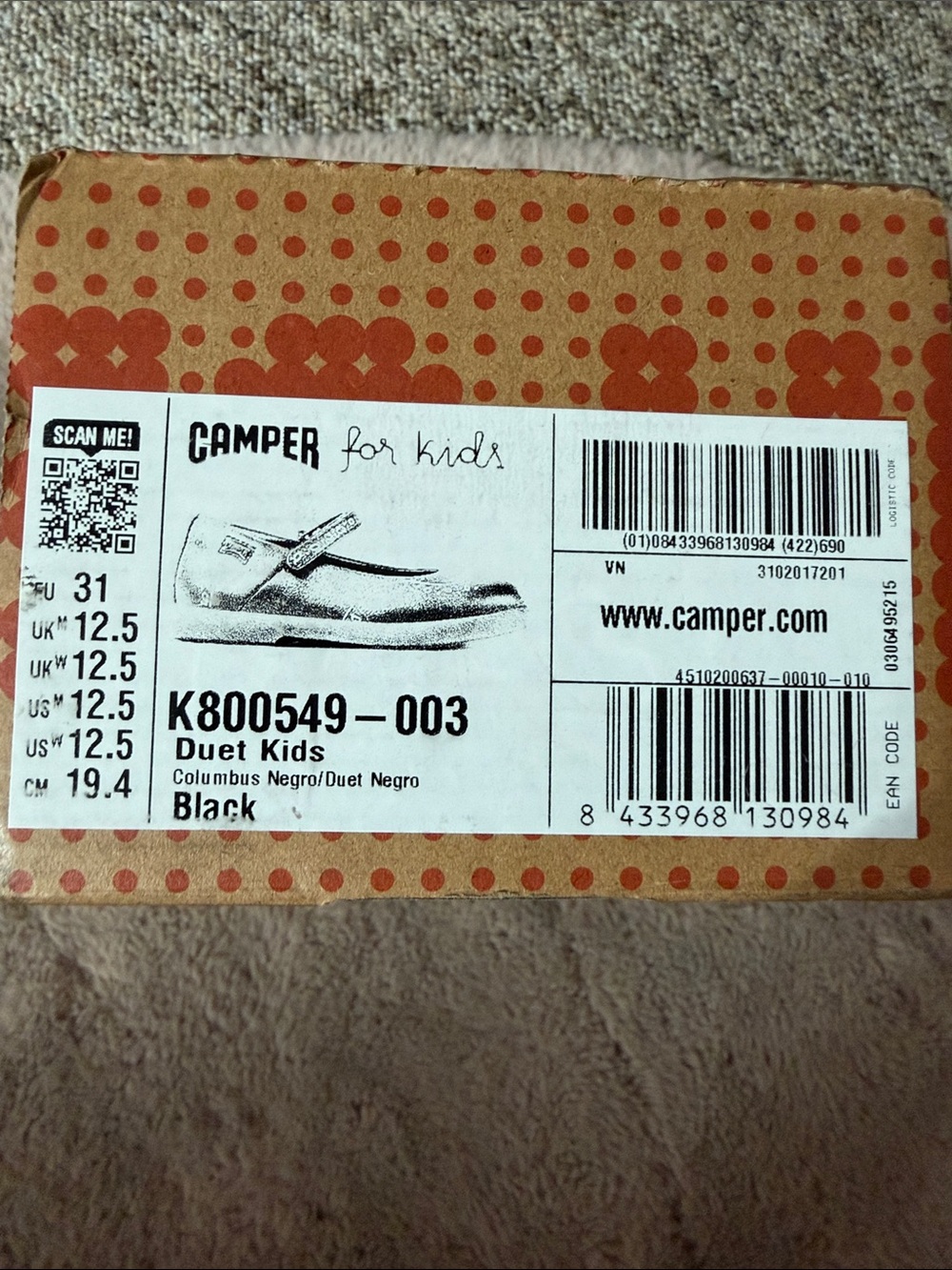 Camper Duet Kids Black Label with Orange Dot Pattern